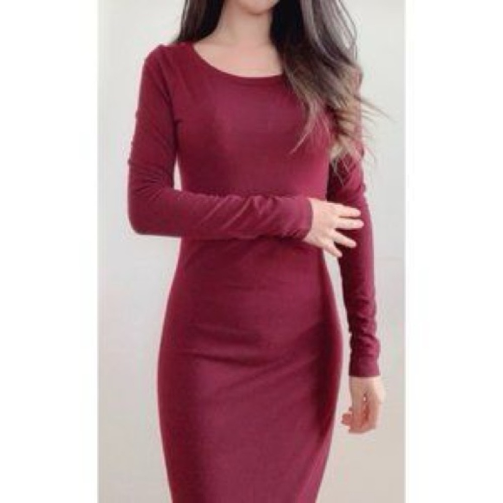 💋 Aritzia Wilfred Free Liya Dress Burgundy Bodycon Long Sleeve Midi Size XXS EUC